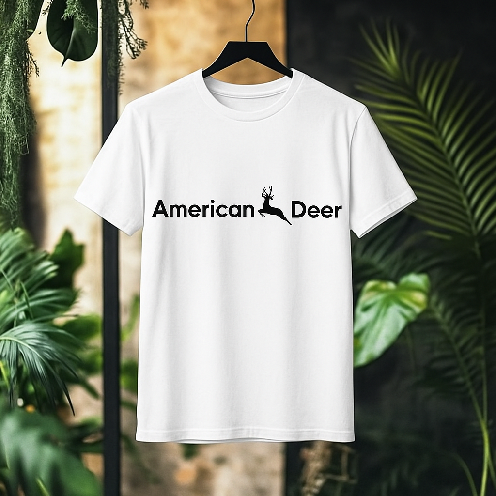 White t-shirt with 'American Deer' logo on a hanger against a leafy background