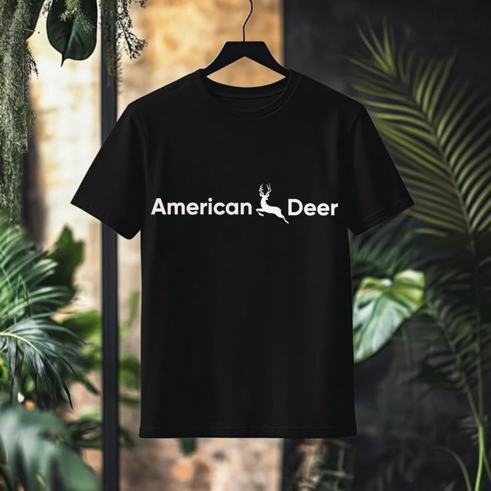 Black t-shirt with 'American Deer' logo on a hanger against a leafy background